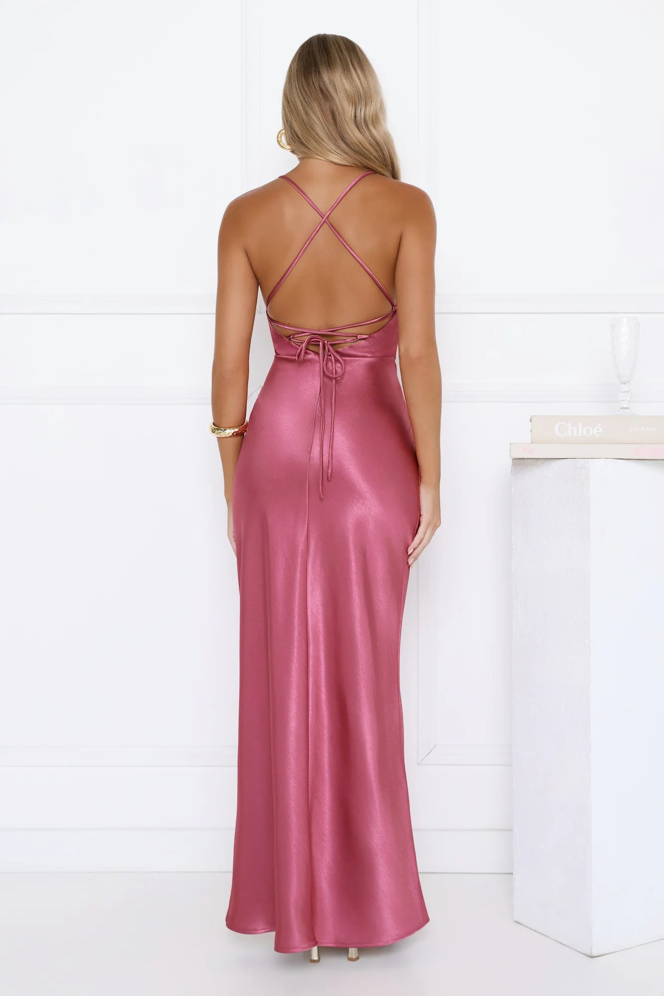 Satin Lace Twist Front Crisscross Maxi Dress Berry